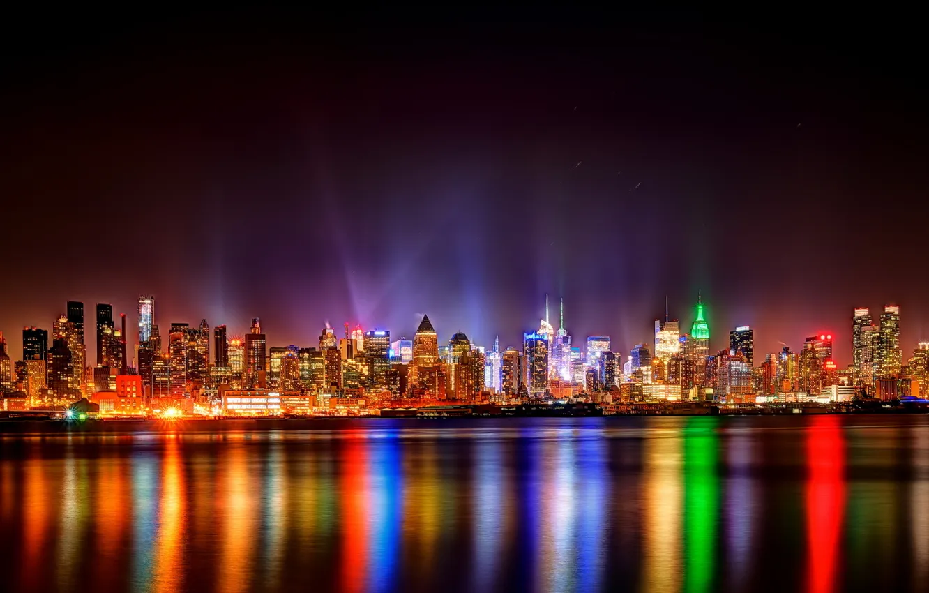 Фото обои ночь, город, огни, New York City