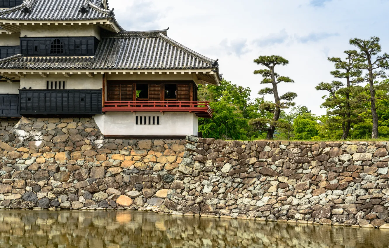 Фото обои Япония, Стена, Замок, Ров, Мацумото, Нагано