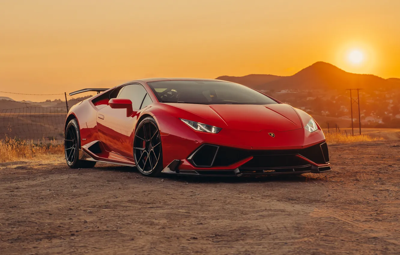 Фото обои солнце, горы, рассвет, Lamborghini, красная, Huracan, Lamborghini Huracan
