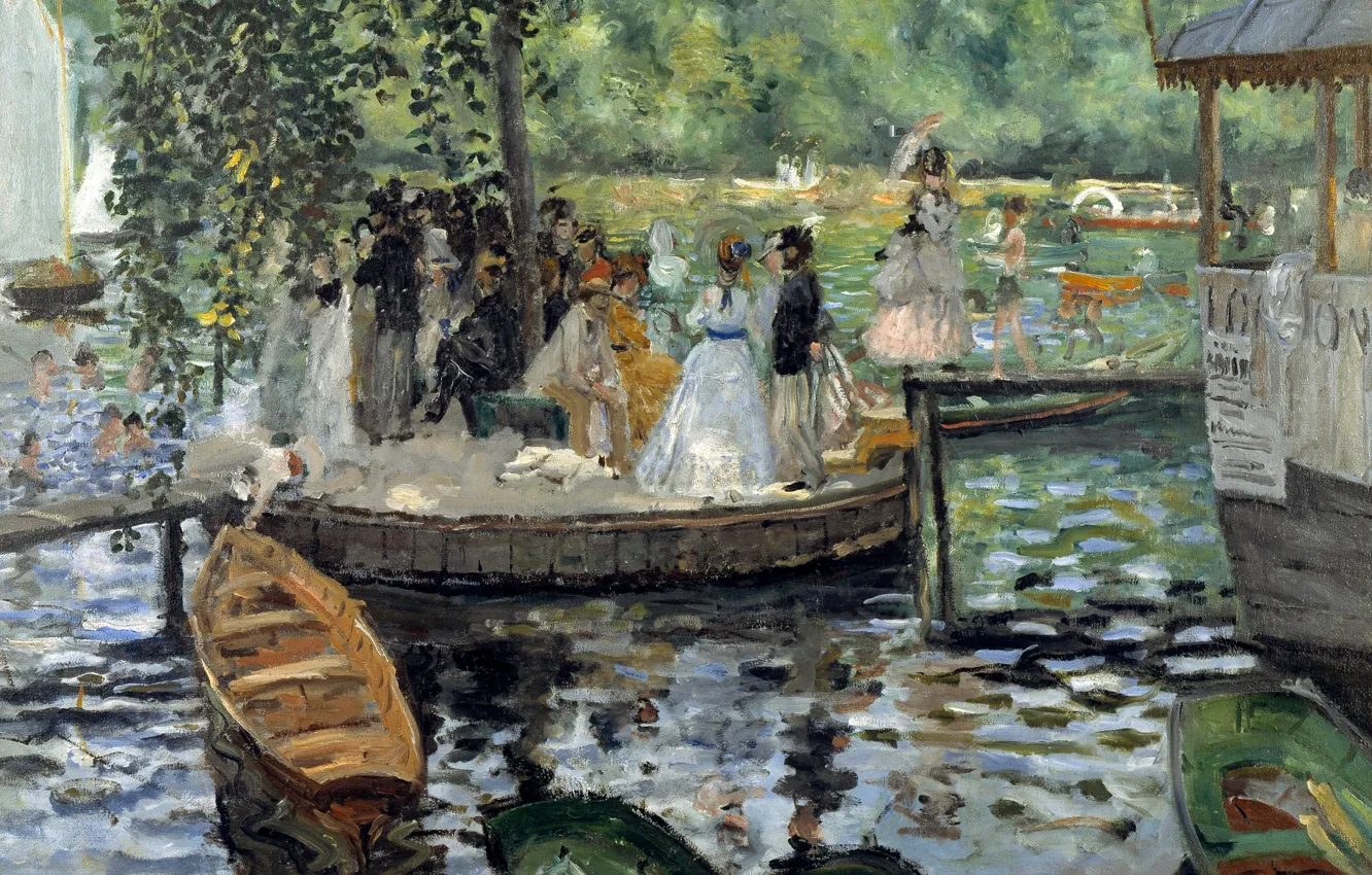 Фото обои пейзаж, лодка, картина, причал, La Grenouillere, Пьер Огюст Ренуар, Pierre Auguste Renoir