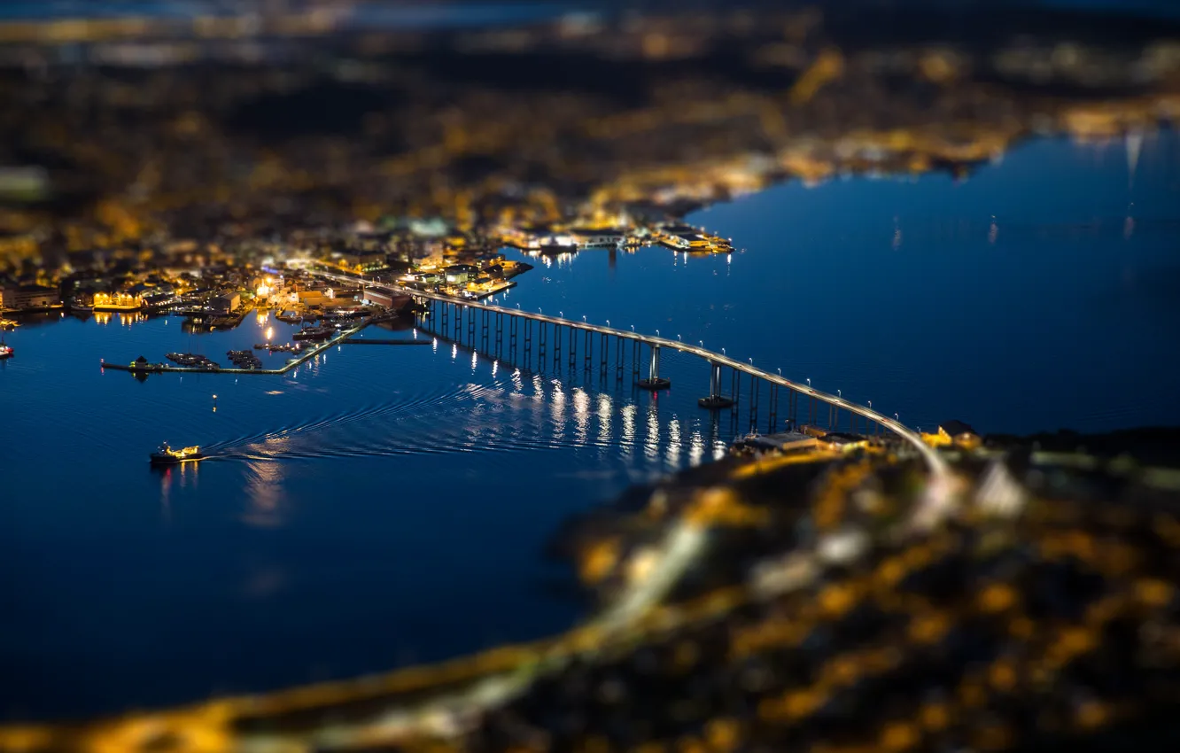 Фото обои мост, огни, лодка, корабль, Норвегия, Тромсё, Тромс