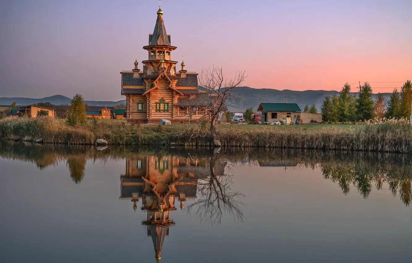 Фото обои осень, вода, деревья, пейзаж, природа, город, отражение, вечер
