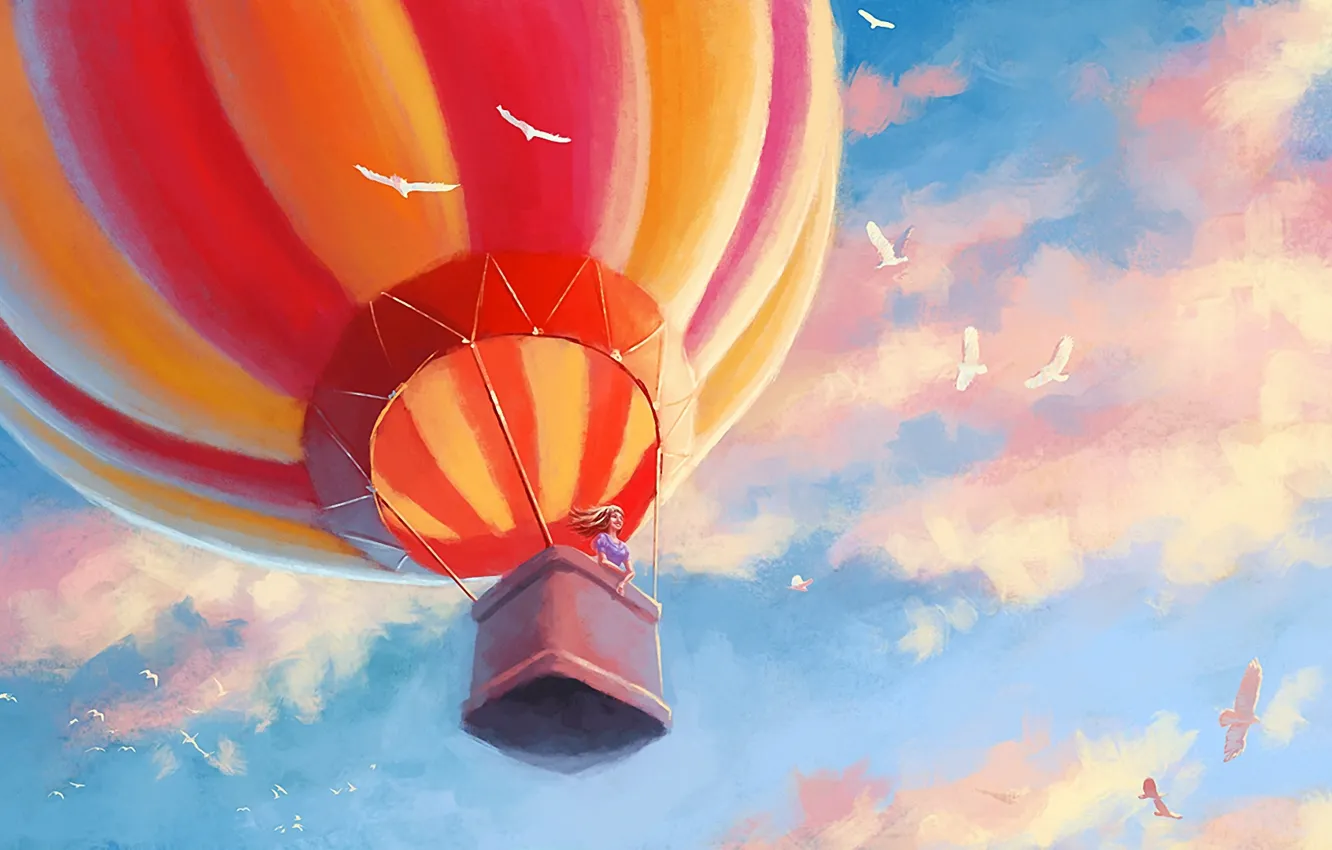 Фото обои девушка, облака, птицы, воздушный шар, арт