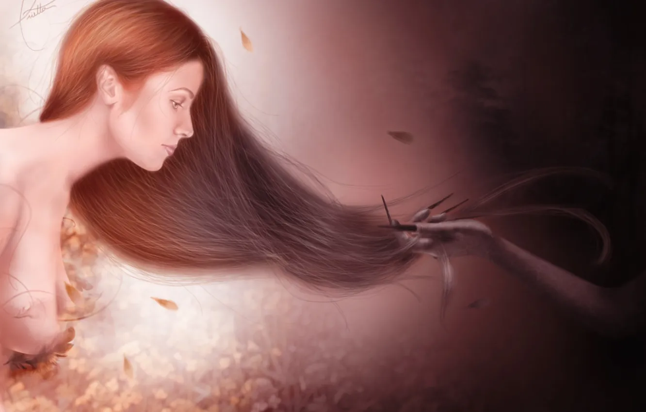 Фото обои грудь, девушка, фантастика, тьма, перья, руки, арт, профиль