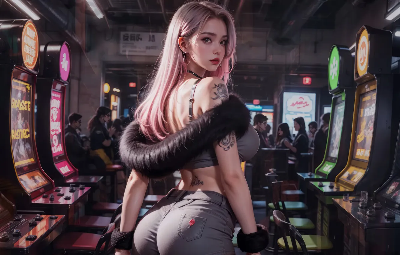 Фото обои pink hair, Digital Art, Casino, Arcade, BeautIful girl, Anime Girl