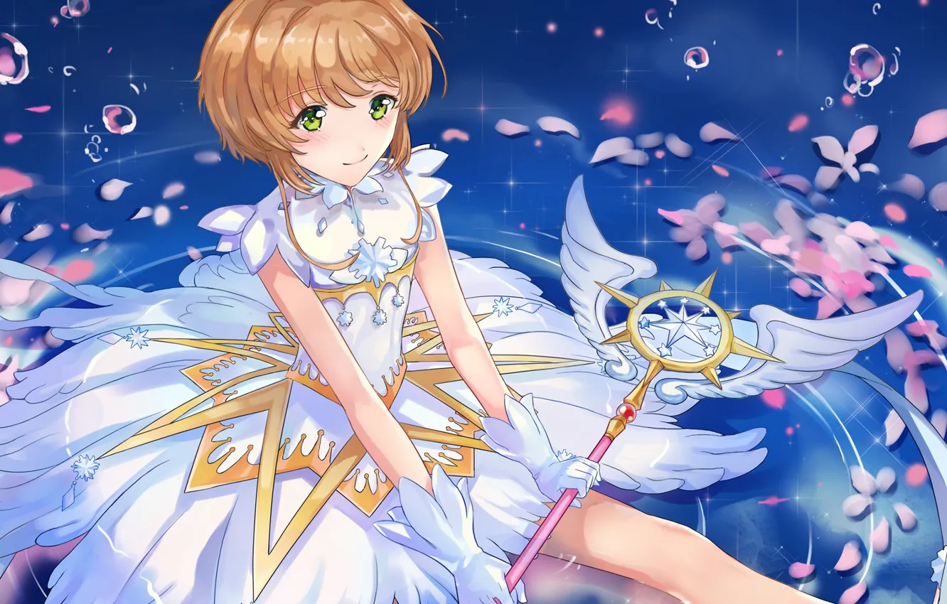 Фото обои взгляд, вода, пузырьки, крылья, ангел, девочка, Card Captor Sakura, Сакура - собирательница карт