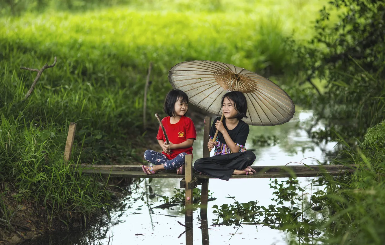 Фото обои girls, nature, boys, children