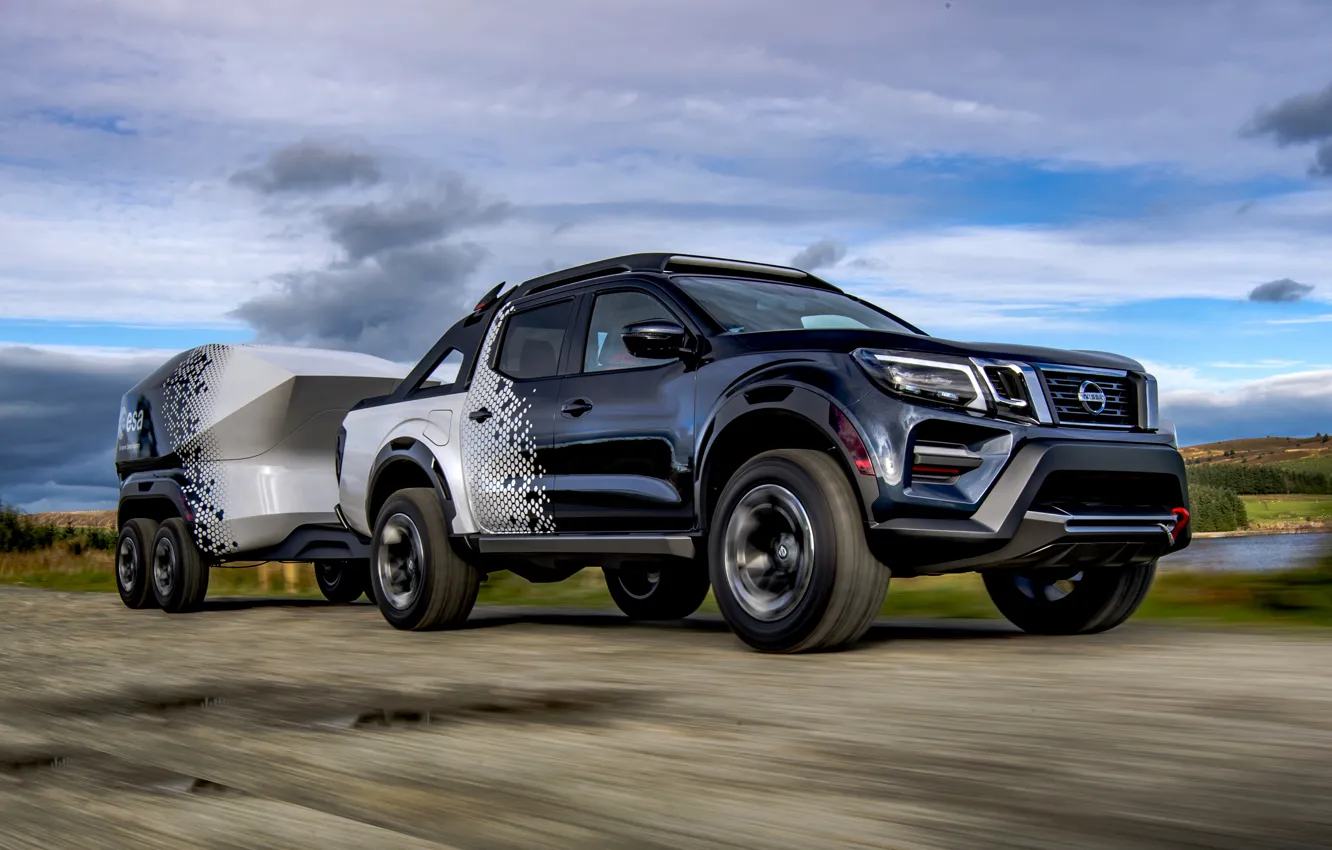 Фото обои движение, берег, Nissan, пикап, прицеп, 2018, Navara, Dark Sky Concept