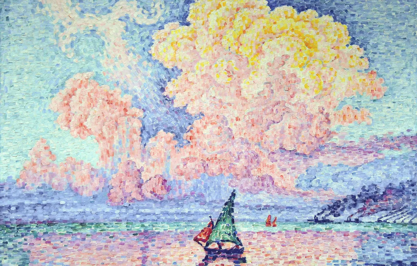 Фото обои море, пейзаж, лодка, картина, парус, Поль Синьяк, пуантилизм, Розовое Облако. Антиб