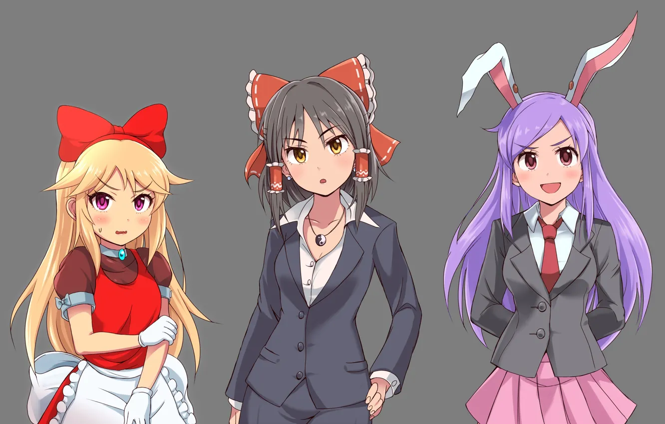 Фото обои серый, фон, девочки, аниме, арт, touhou