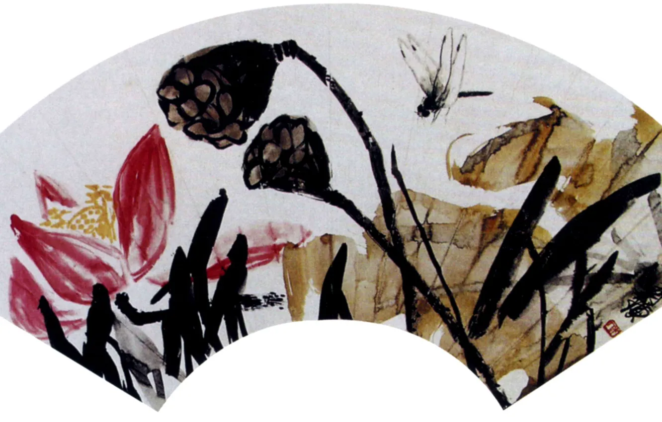 Фото обои мак, стрекоза, веер, белый фон, китайская живопись, красный цветок, Ци Бай-ши, чёрный бутон