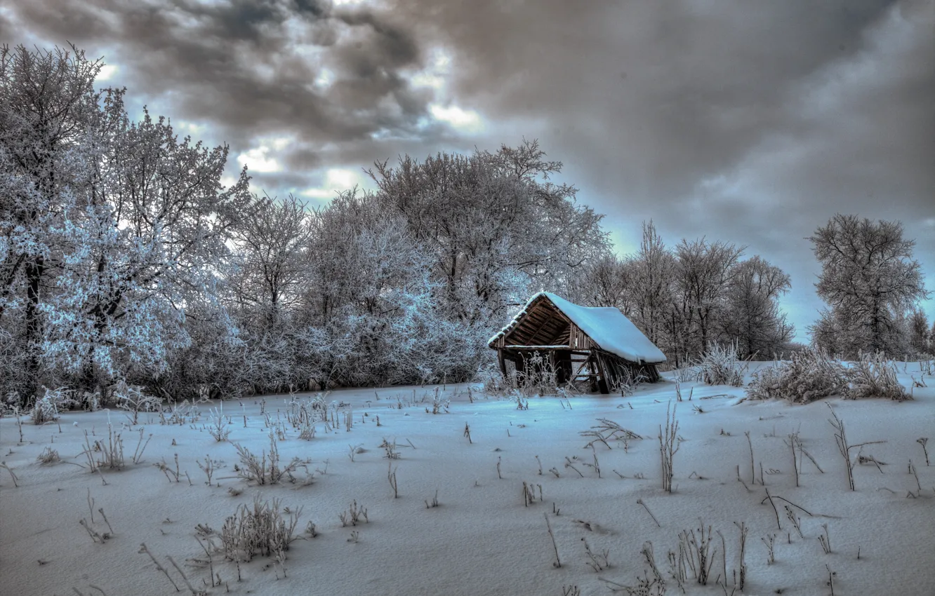 Фото обои зима, облака, снег, природа, фото, домик