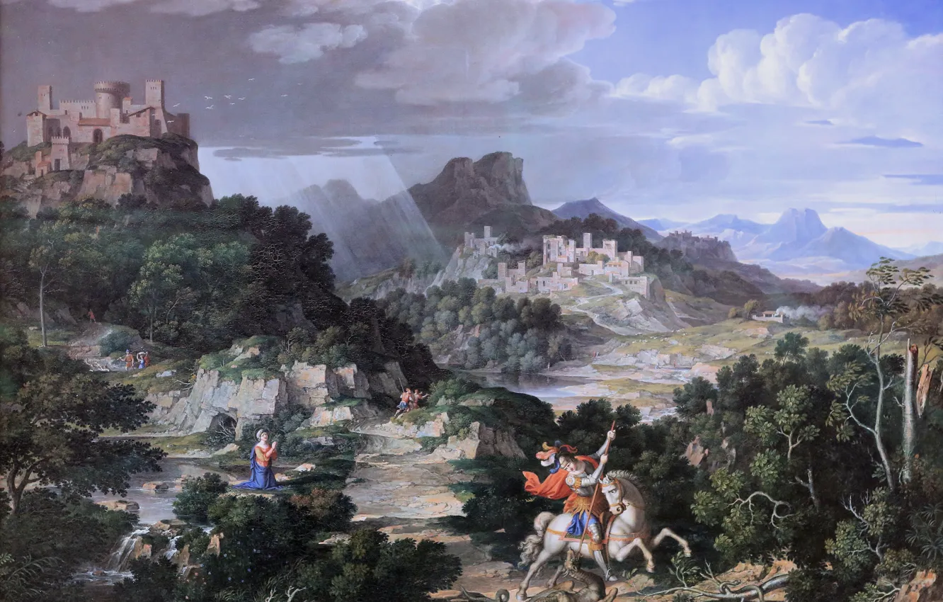 Фото обои Мюнхен, картинная галерея, Neue Pinakothek, Heroic Landscape with Saint George, Joseph Anton Koch, австрийский художник-романтик, …