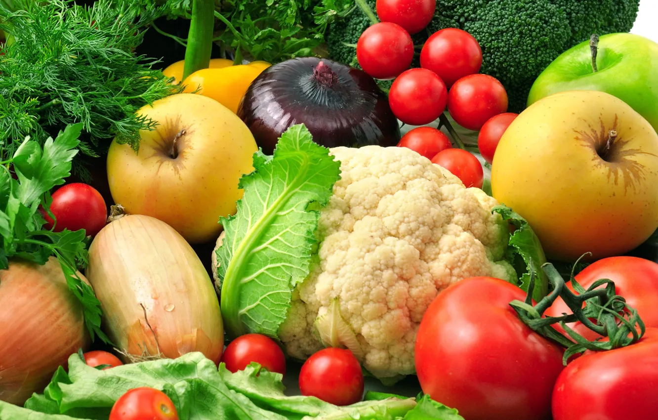 Фото обои зелень, яблоки, лук, укроп, баклажаны, фрукты, овощи, салат