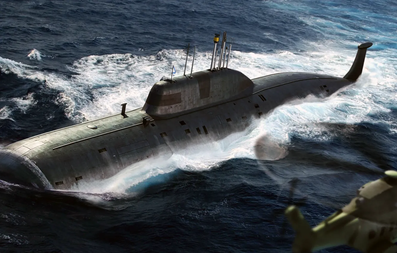 Фото обои рисунок, арт, вертолёт, проект 971, Akula, многоцелевая атомная подводная лодка третьего поколения, Щука-Б