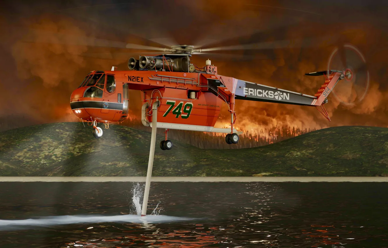 Фото обои Дым, Лес, Пожар, Вертолет, Sikorsky, Забор воды, Пожарный вертолет, Sikorsky S-64 Skycrane
