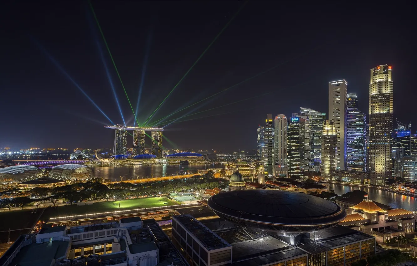 Фото обои лучи, ночь, город, Сингапур, Singapore city, лазерные огни