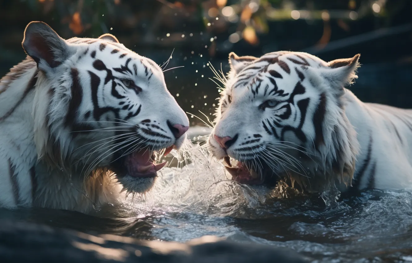 Фото обои Вода, Полосатые, Двое, Цифровое искусство, Тигры, Хищники, Большие кошки, ИИ-арт