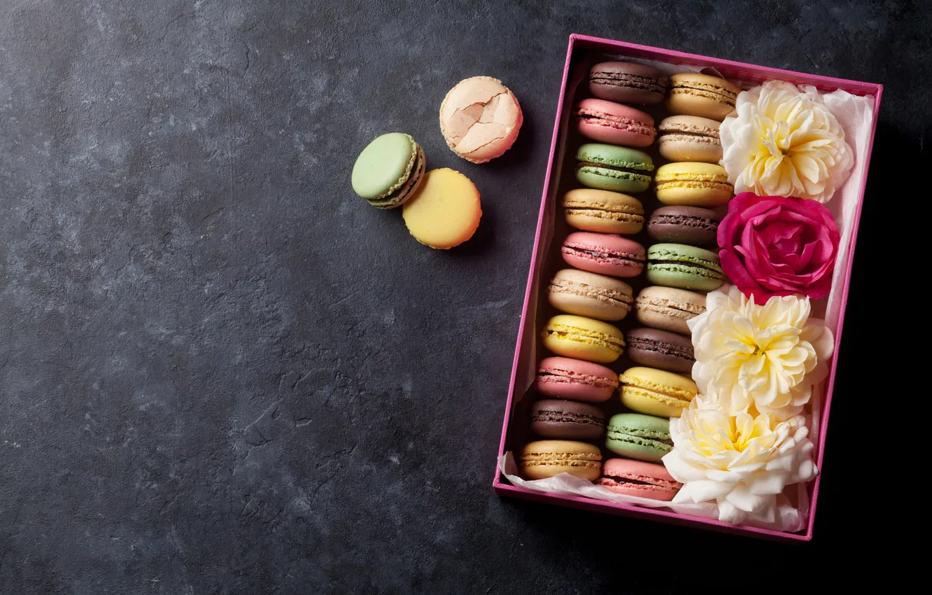 Фото обои цветы, подарок, colorful, pink, flowers, macarons, gift box, макаруны