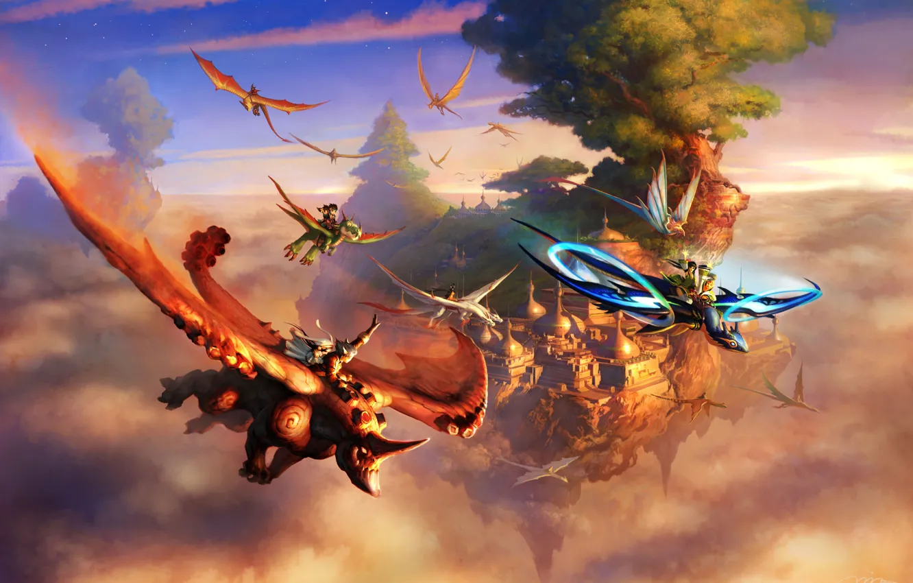 Фото обои облака, полет, город, скала, дерево, драконы, фэнтези, арт