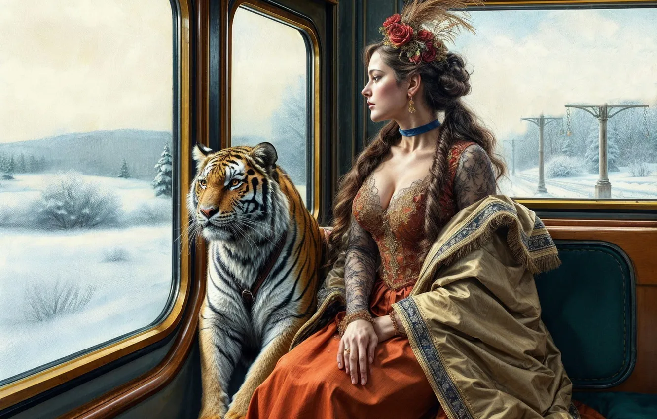 Фото обои девушка, тигр, поза, ИИ-арт, НЕЙРОСЕТЬ