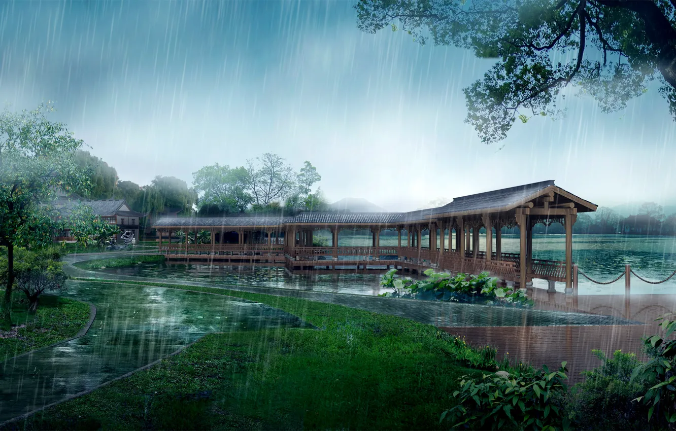 Фото обои парк, дождь, дорожка