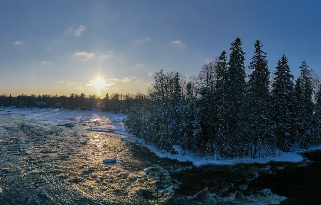 Фото обои зима, лес, деревья, река, панорама, Финляндия, Finland, River Kymijoki