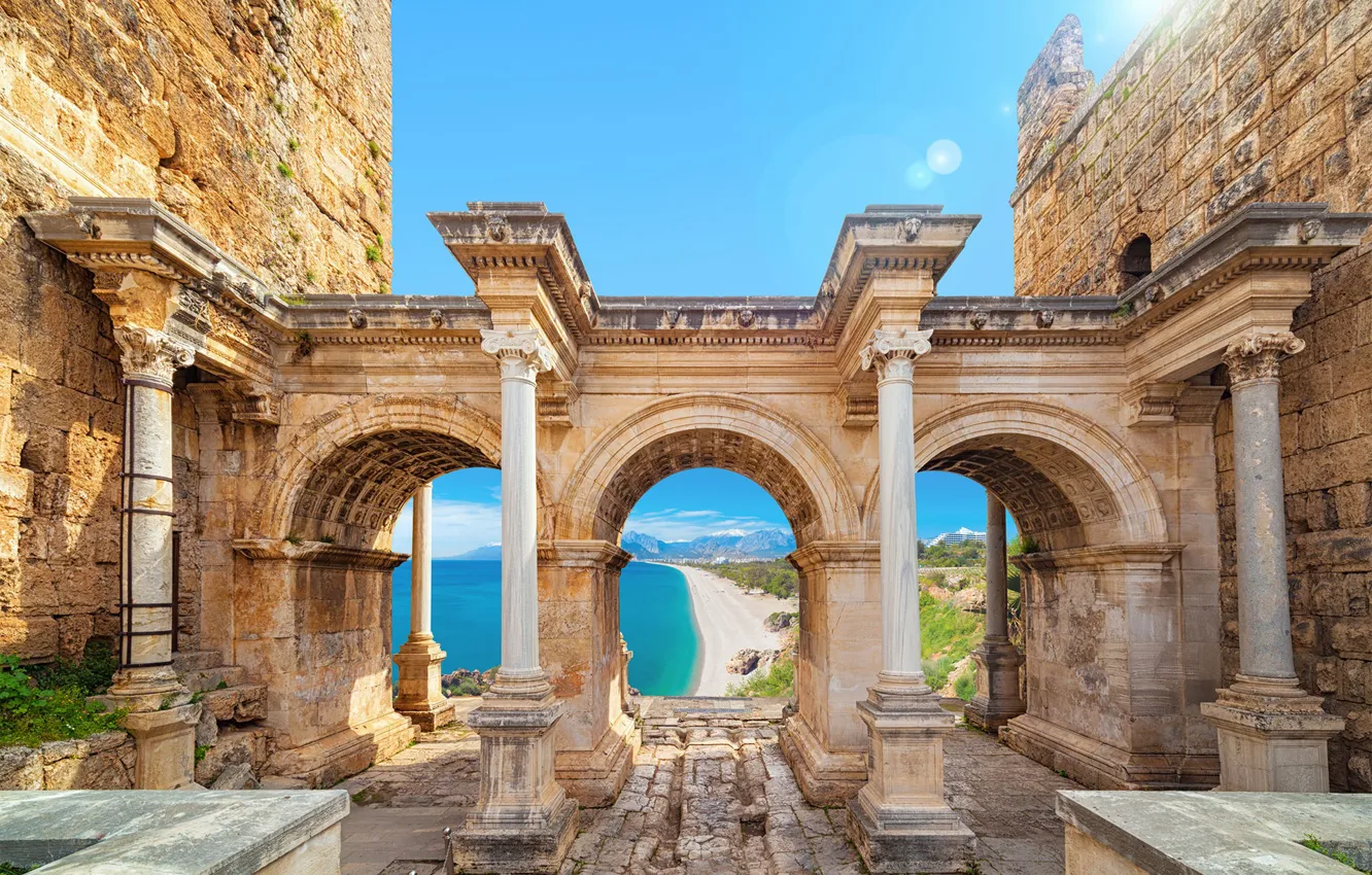 Фото обои море, здание, колонны, руины, Турция, Анталья