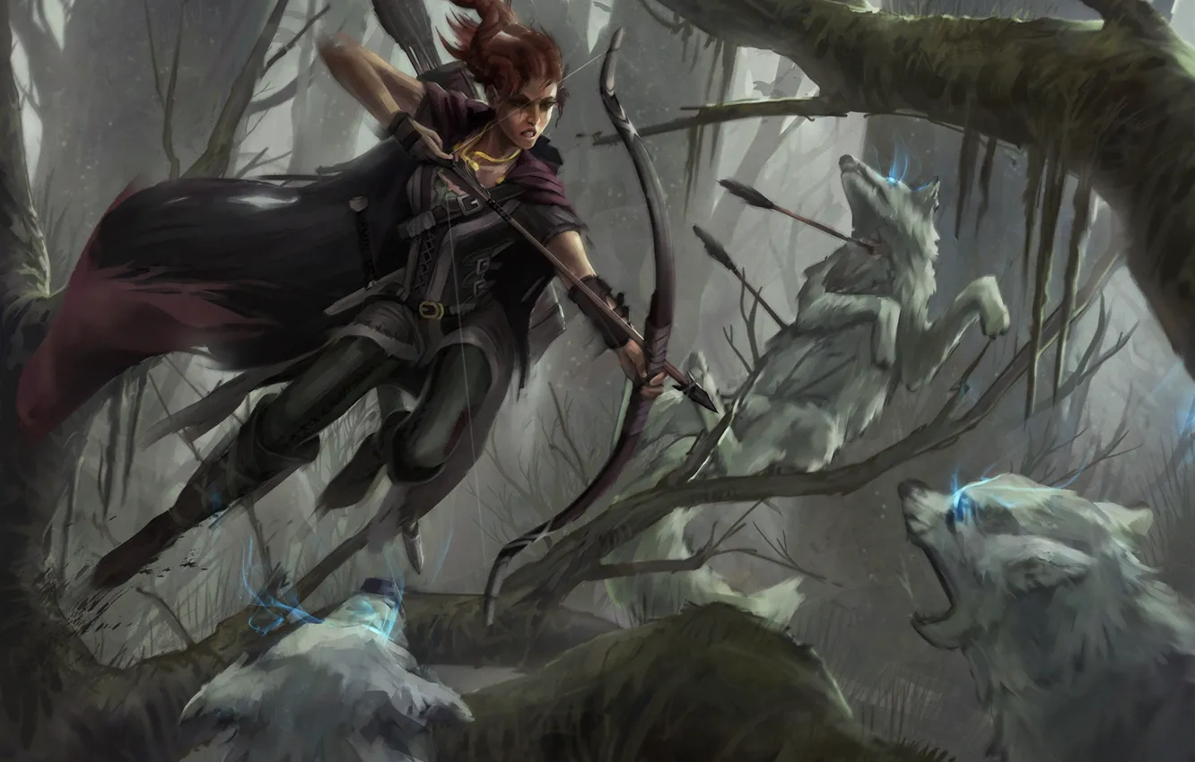 Фото обои лес, девушка, прыжок, лучница, арт, волки, битва, стрелы