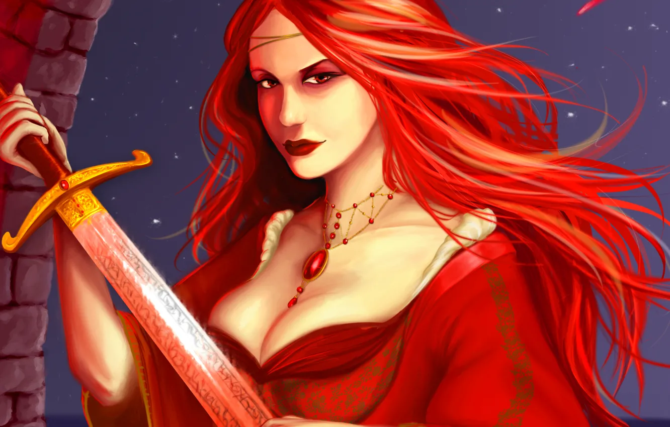 Фото обои взгляд, девушка, узоры, меч, платье, арт, украшение, красные волосы