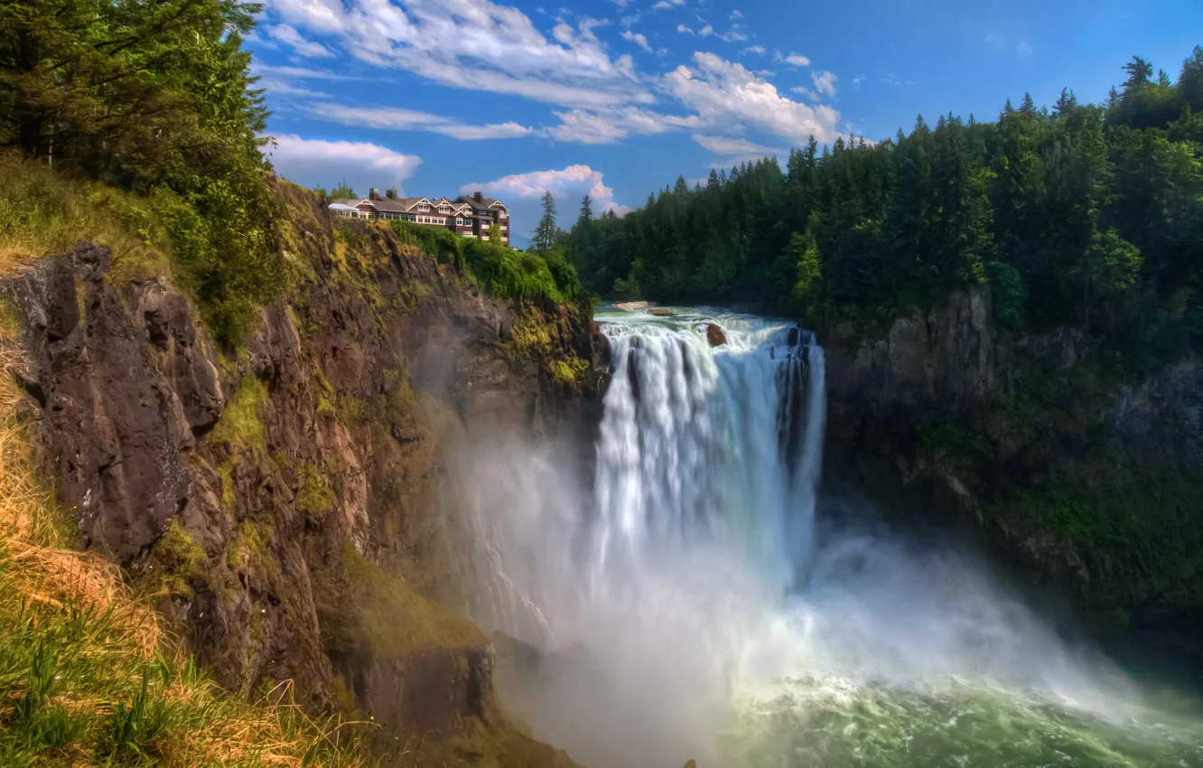 Фото обои дом, обрыв, водопад, поток, Snoqualmie Falls