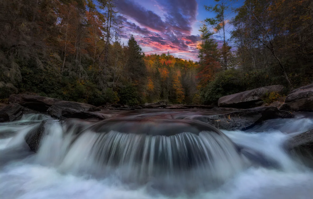 Фото обои осень, лес, пейзаж, закат, природа, река, камни, водопад