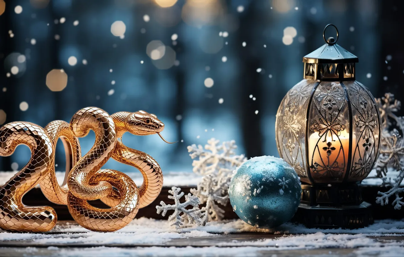 Фото обои зима, снег, золото, змея, цифры, Новый год, golden, new year