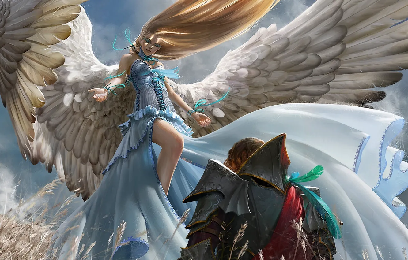 Фото обои поле, девушка, ленты, крылья, ангел, перья, арт, мужчина