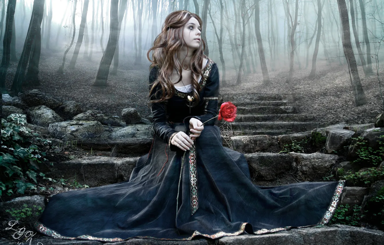 Фото обои грусть, лес, роза, Девушка, слезы, ступени