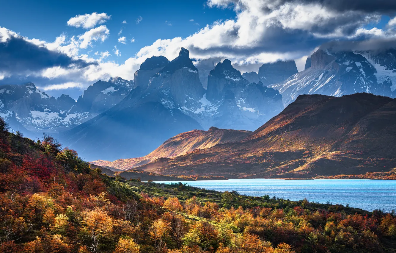 Фото обои солнце, облака, горы, озеро, скалы, Chile, Patagonia, South America