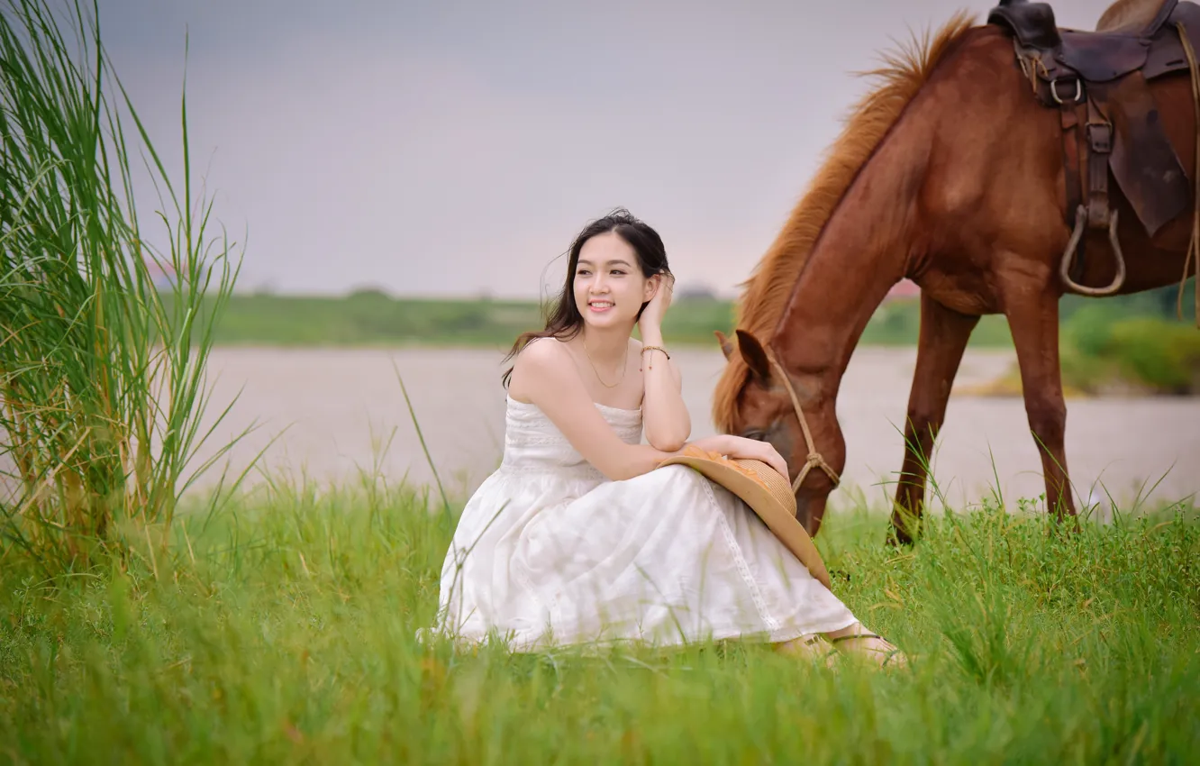 Фото обои девушка, лицо, улыбка, волосы, лошадь
