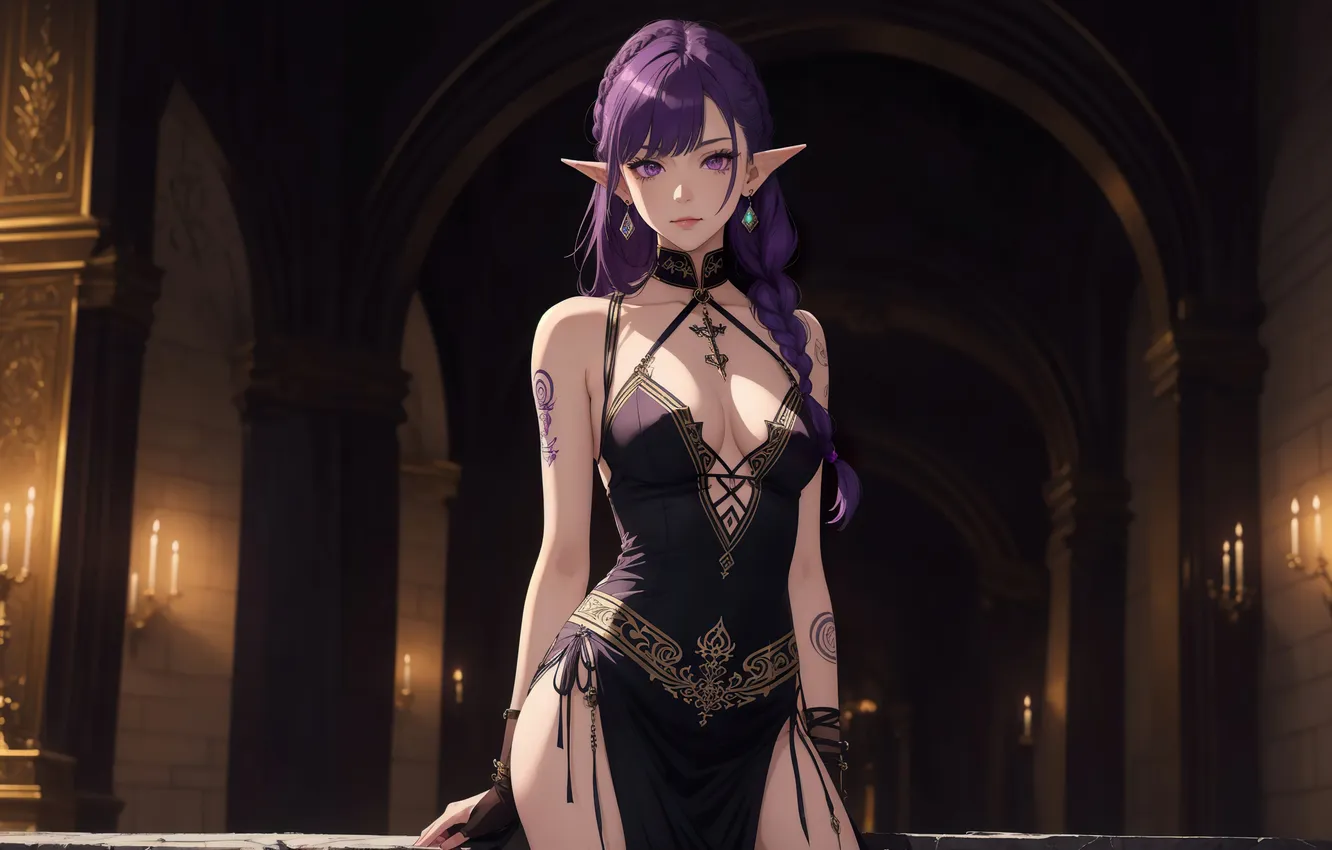 Фото обои girl, fantasy, dress, anime, art, purple eyes, painting, elf