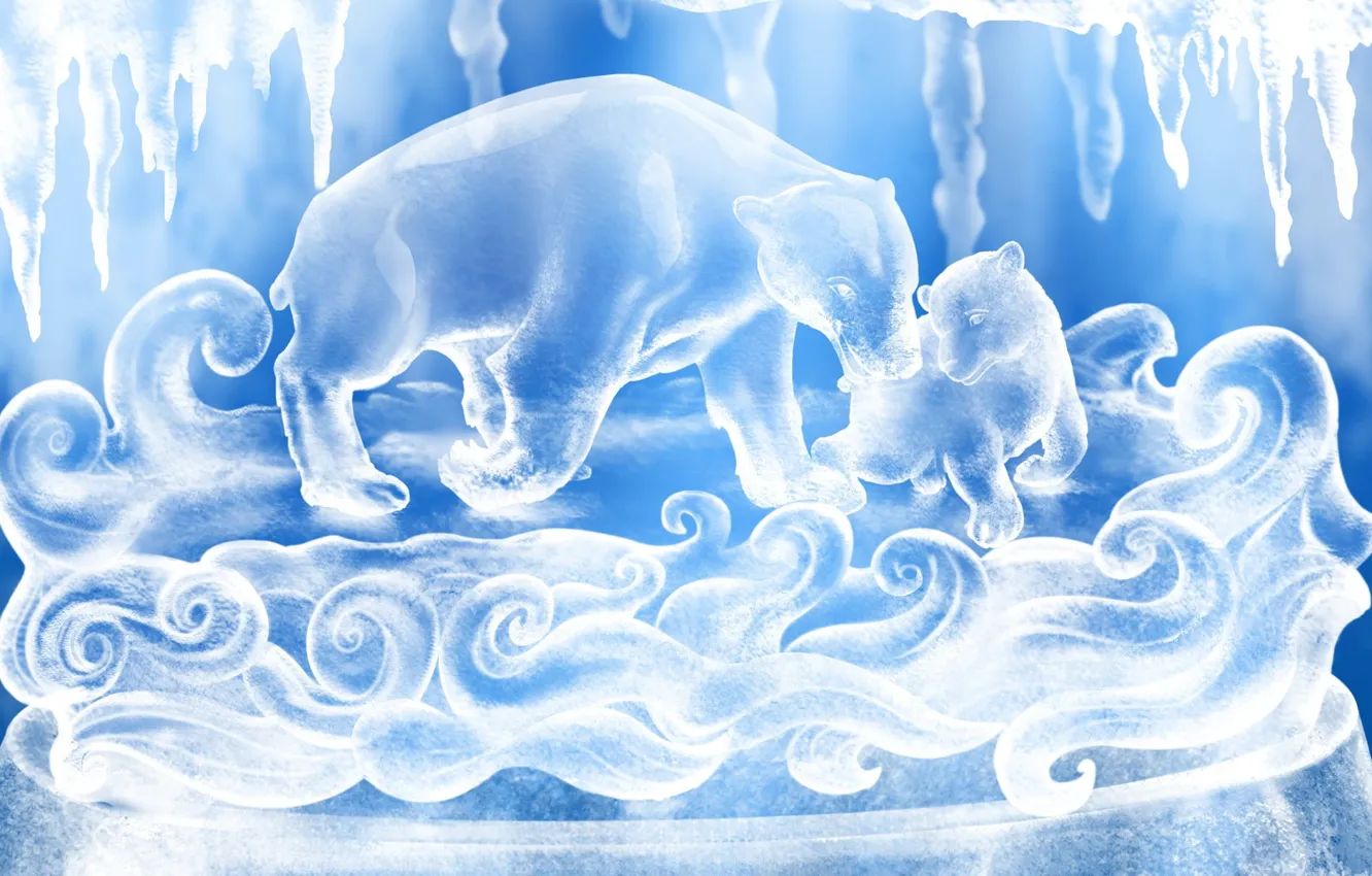Фото обои белый, снег, синий, рисунок, Медведи