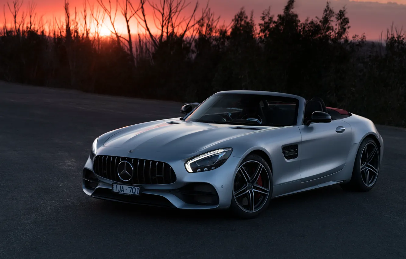 Фото обои закат, Roadster, Mercedes-Benz, AMG, 2018, GT C