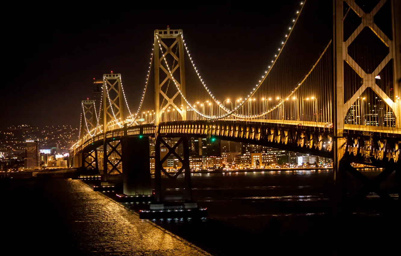 Фото обои ночь, мост, город, огни