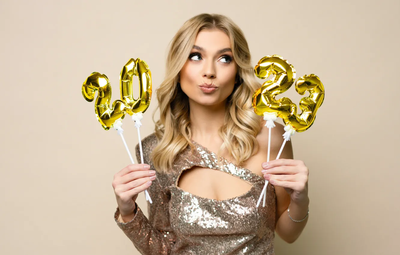Фото обои Девушка, Блондинка, Новый Год, New Year, Кокетка, Счастливая, 2023