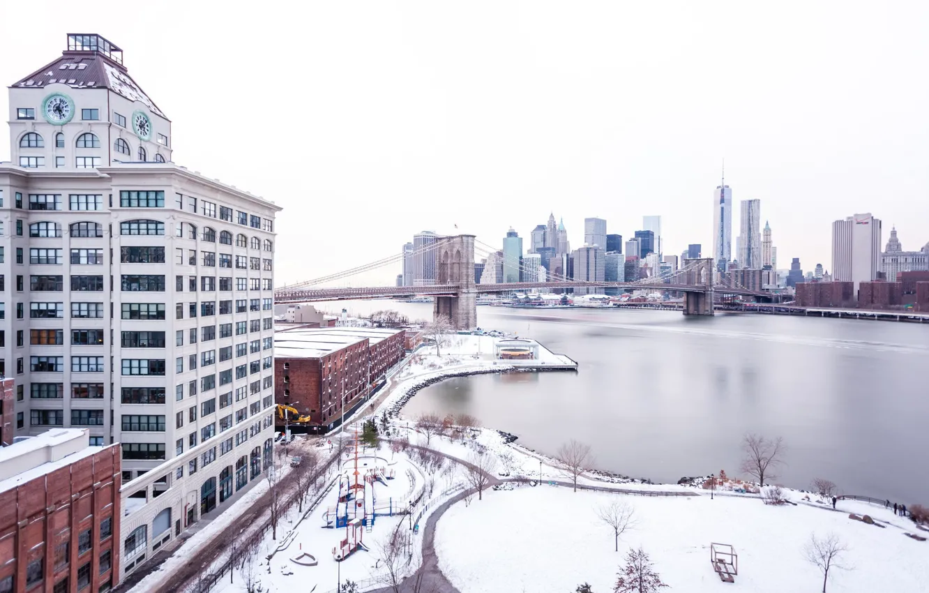 Фото обои зима, снег, мост, город, небоскребы, USA, америка, сша