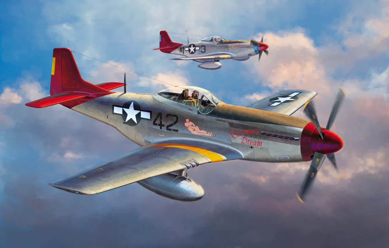 Фото обои war, art, painting, aviation, ww2, P-51 D Mustang