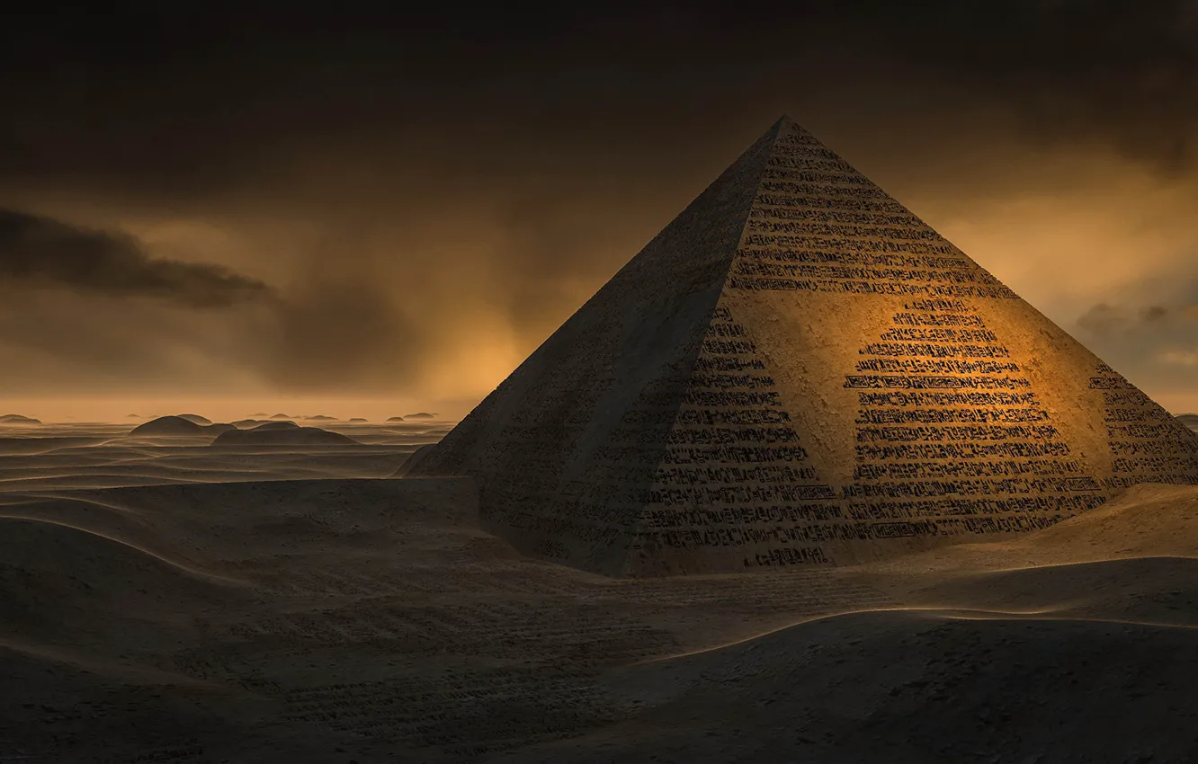 Фото обои песок, пустыня, пирамида, иероглифы