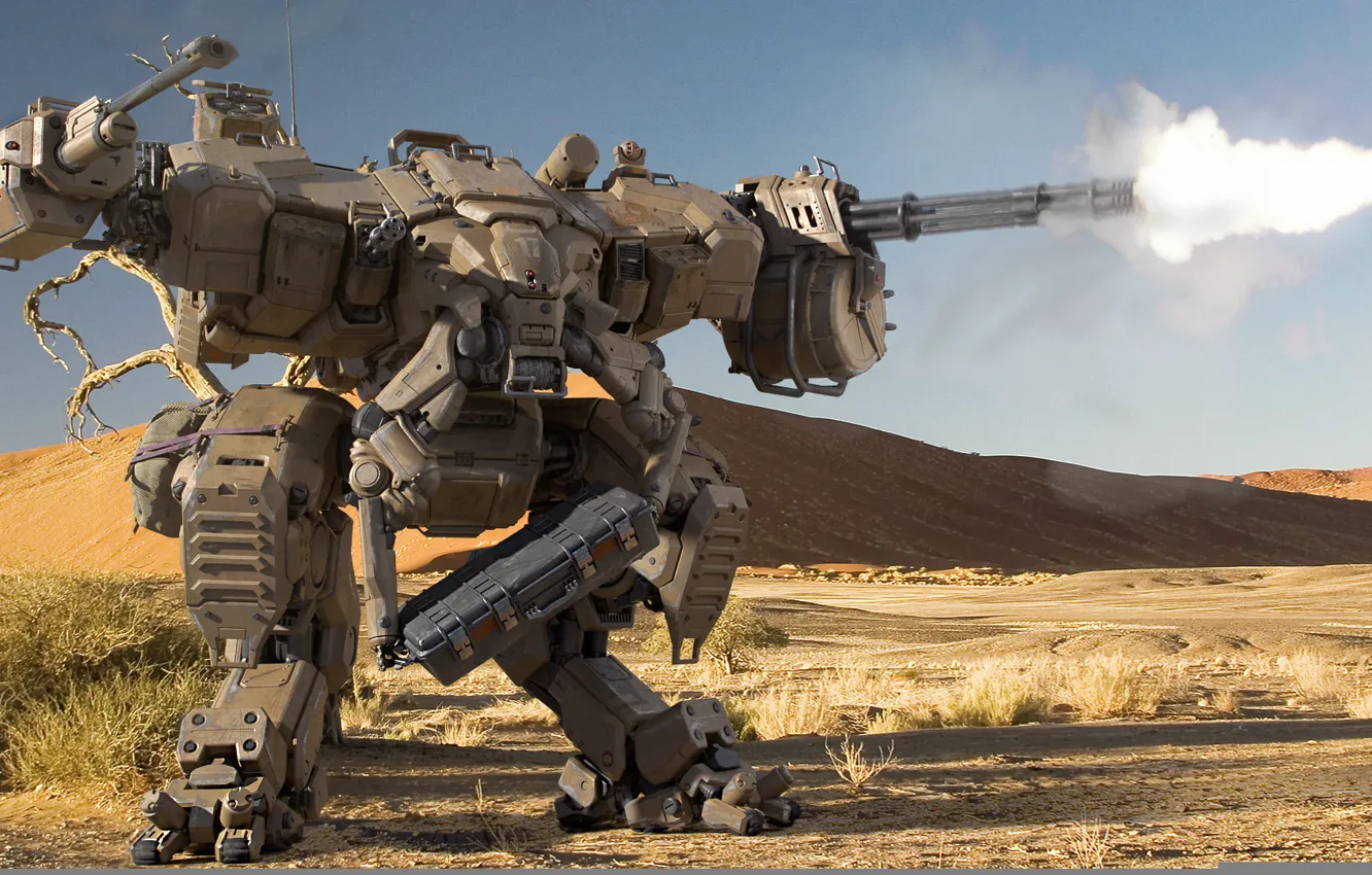 Фото обои огонь, пустыня, робот, стрельба, пулеметы, пески, шагатель