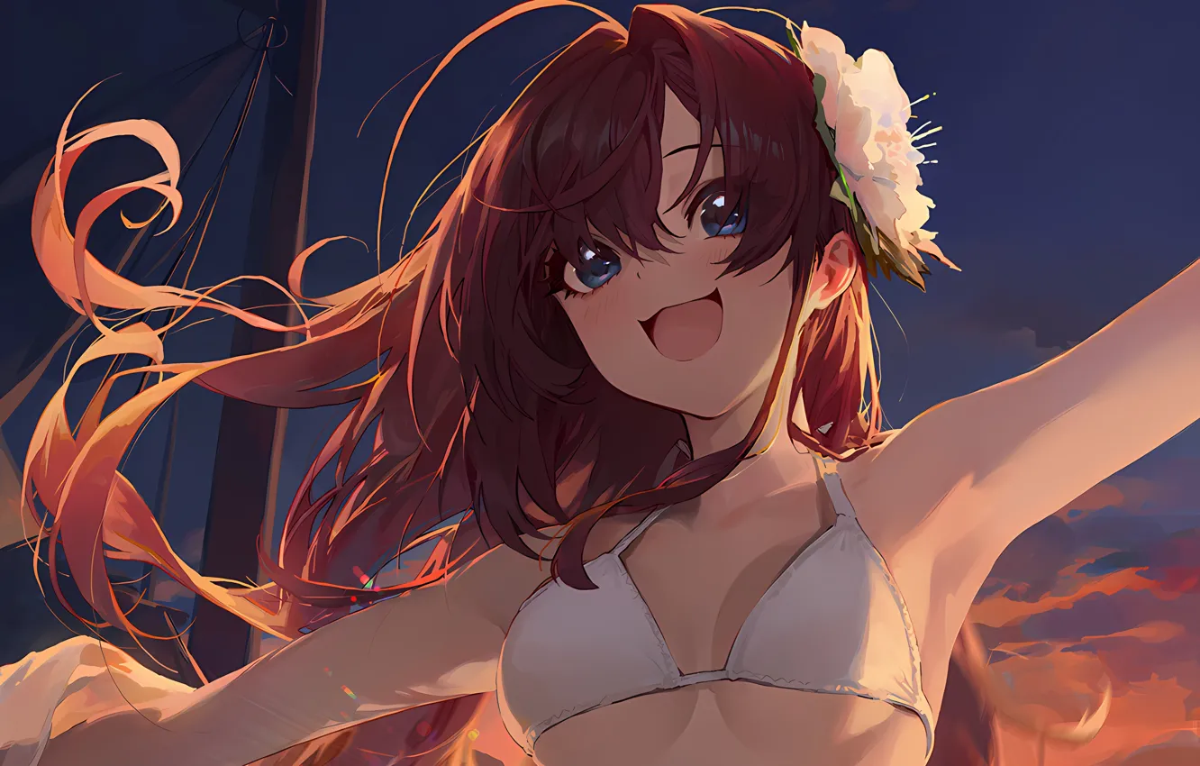 Фото обои girl, sexy, cleavage, long hair, brown hair, boobs, sunset, anime