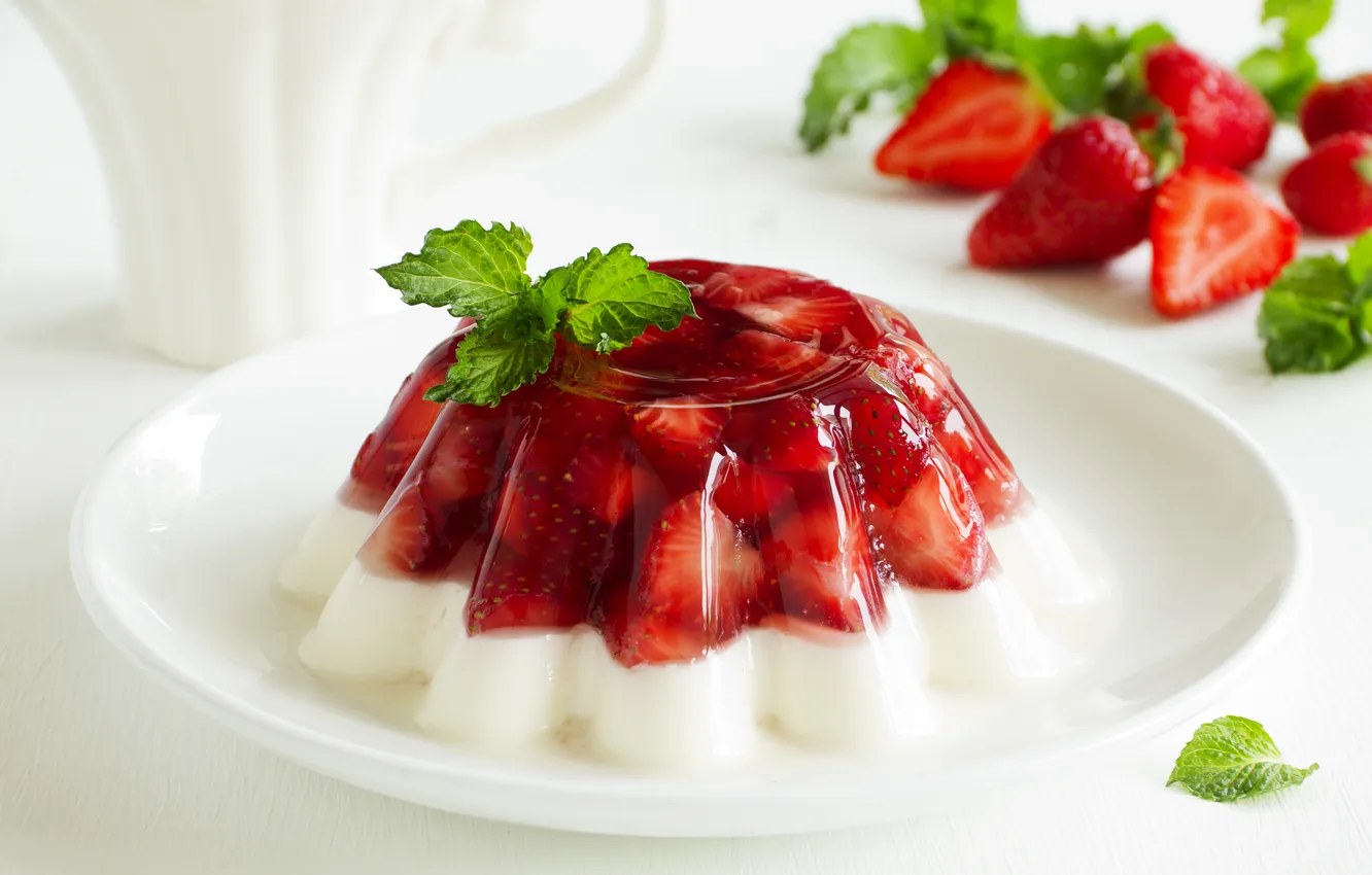 Фото обои клубника, десерт, strawberry, mint leaves, листик мяты, клубничное желе, dessert strawberry jam
