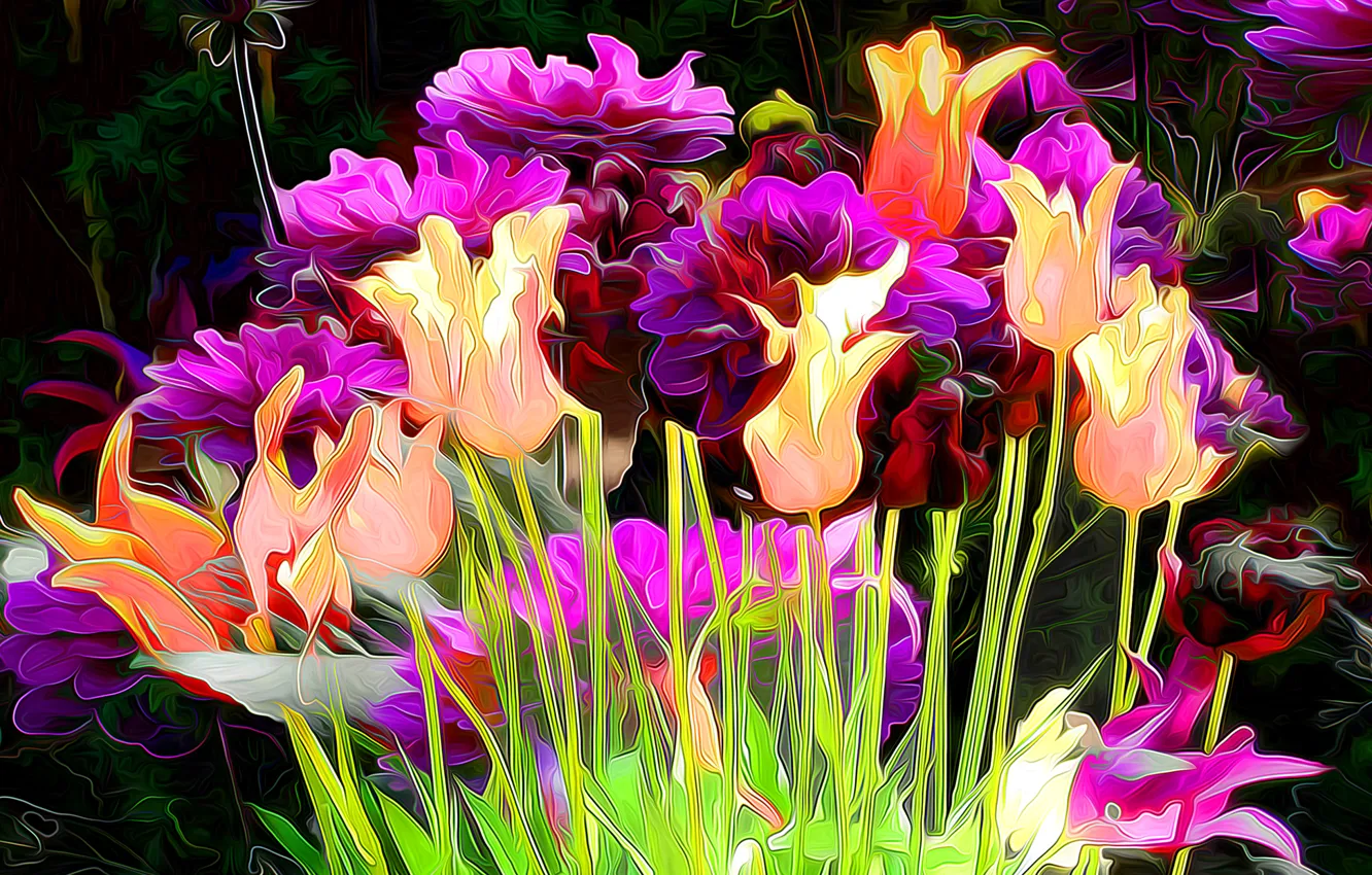 Фото обои линии, цветы, абстракция, краски, тюльпаны