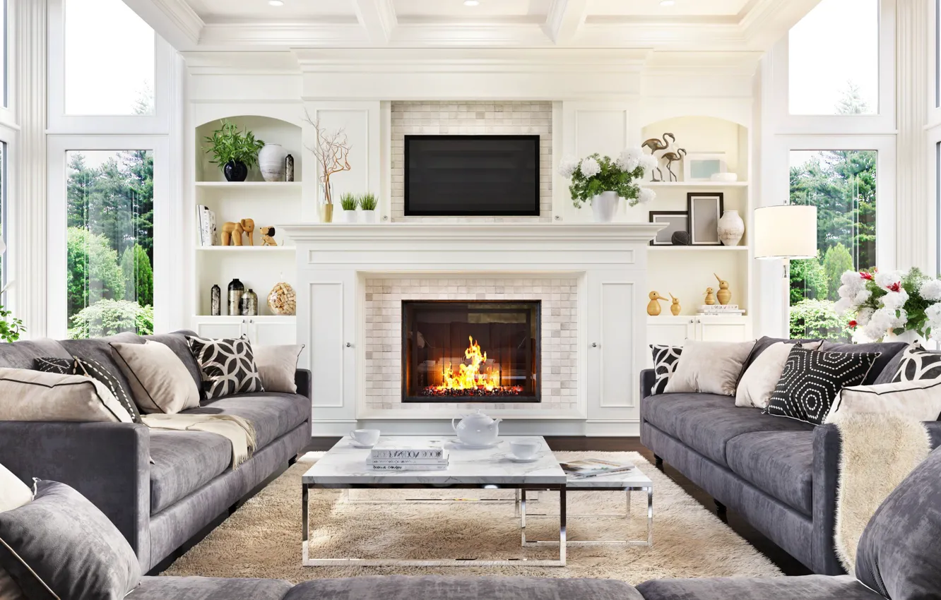Фото обои дизайн, стиль, комната, интерьер, камин, гостиная, Luxurious interior design living room and fireplac